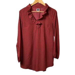Mud Pie Red Print Ruffle Collar‎ Long Sleeve Tunic Top - Size M